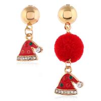 Christmas Earrings, Zinc Alloy, with Cloth, Christmas Hat, gold color plated, enamel & with rhinestone, red  