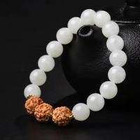 Bracelets de bijoux en perles de verre, Des billes de verre, avec bois & alliage de zinc, unisexe, blanc, 10mm Environ 18 cm, Vendu par PC