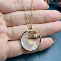 Ожерелье, Латунь, с Белая ракушка, Луна и звезды, плакирован золотом, инкрустированное микро кубического циркония & Женский, белый, 23.5mm, длина:Приблизительно 45 см, продается PC