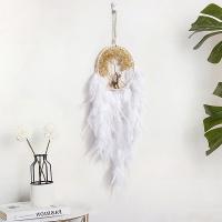 Fashion Dream Catcher, Feather, with Natural Gravel & leather cord & Plastic & Brass & Iron, Tree, handmade, for home and office, white, 600mm 