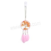 Fashion Dream Catcher, Feather, with Natural Gravel & leather cord & Brass & Iron, Tree, handmade, for home and office, pink, 300mm 
