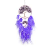 Fashion Dream Catcher, Feather, with Natural Gravel & leather cord & Plastic & Brass & Iron, Tree, handmade, for home and office, purple, 650mm 