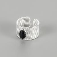 Sterling Silver Finger Ring, 925 Sterling Silver, with Black Agate, Adjustable & fashion jewelry & for woman, Ring .9mm [