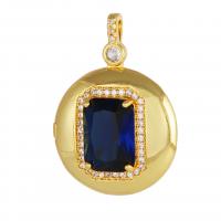 Cubic Zirconia Brass Pendants, with Cubic Zirconia, Flat Round, 18K gold plated, DIY, blue [