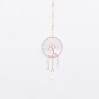 Fashion Dream Catcher, Clear Quartz, with leather cord & Crystal & Brass & Iron, Tree, handmade, for home and office, mixed colors, 320mm 