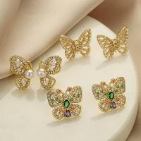 Cubic Zirconia Micro Pave Brass Earring, with Cubic Zirconia, Butterfly, gold color plated, fashion jewelry & for woman [