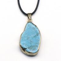 Turquoise Jewelry Necklace, Synthetic Turquoise, with leather cord & Brass, irregular, gold color plated, fashion jewelry & Unisex, blue, Length about 10-30mm,Hight about 17-38mm Approx 38 cm 
