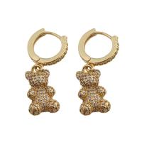 Cubic Zirconia Micro Pave Brass Earring, Bear, gold color plated, fashion jewelry & micro pave cubic zirconia & for woman, golden 