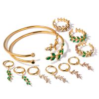Titanium Steel Jewelry Set, 18K gold plated & for woman & with rhinestone, golden 