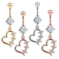 Stainless Steel Belly Ring, 304 Stainless Steel, Heart, Vacuum Ion Plating, fashion jewelry & micro pave cubic zirconia & for woman rod width 1.6mm,rod length 10mm,ball diameter 5mm 