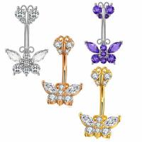 Stainless Steel Belly Ring, 304 Stainless Steel, Butterfly, Vacuum Ion Plating, fashion jewelry & micro pave cubic zirconia & for woman rod width 1.6mm,rod length 10mm 