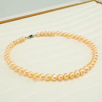 Freshwater Pearl Necklace, with 925 Sterling Silver, Slightly Round, fashion jewelry & for woman, pink, 8-9mm cm 