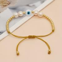 Evil Eye Jewelry Bracelet, Lampwork, with Knot Cord & Freshwater Pearl & Brass, Flat Round, gold color plated, Adjustable & fashion jewelry & Unisex, white Approx 28 cm 