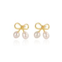 Sterling Silver Natural Pearl Stud Earring, 925 Sterling Silver, with Freshwater Pearl, plated, fashion jewelry & for woman 14mm 