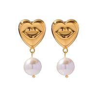 Stainless Steel Drop Earring, 304 Stainless Steel, with Shell Pearl, Heart, Vacuum Ion Plating, fashion jewelry & for woman, golden, 39.5mm 