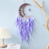 Fashion Dream Catcher, Feather, with leather cord & Agate & Strawberry Quartz & Brass & Iron, Moon, handmade, for home and office, purple, 750mm 