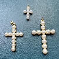 Brass Cross Pendants, with Plastic Pearl, gold color plated, DIY 