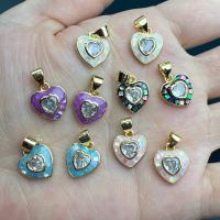 Brass Shell Pendants, with Cubic Zirconia & Shell, Heart, gold color plated, DIY 11mm 