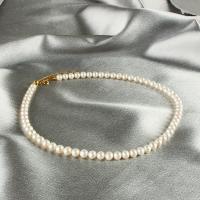 perle d'eau douce cultivée collier, avec Argent sterling 925, avec 5cm chaînes de rallonge, Rond, bijoux de mode & pour femme, blanc, 6-6.5mm cm, Vendu par brin