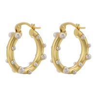 Brass Hoop Earring, with Plastic Pearl, plated, fashion jewelry & for woman 