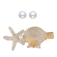 Enamel Zinc Alloy Jewelry Sets, Stud Earring & hair clip, with Plastic Pearl, Starfish, gold color plated, for woman 