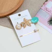 Hair Slide, Zinc Alloy, with Resin & Plastic Pearl, Starfish, gold color plated, for woman & with rhinestone 