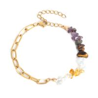 Gemstone Chip Bracelets, 304 Stainless Steel, with Natural Stone, with 5cm extender chain, handmade, fashion jewelry & for woman, golden Approx 18 cm 