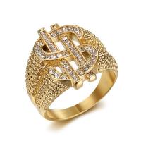 Нержавеющая сталь Rhinestone палец кольцо, Нержавеющая сталь 304, Знак доллара, вакуумное ионное покрытие, ювелирные изделия моды & разный размер для выбора & Мужский & со стразами, Золотой, продается PC