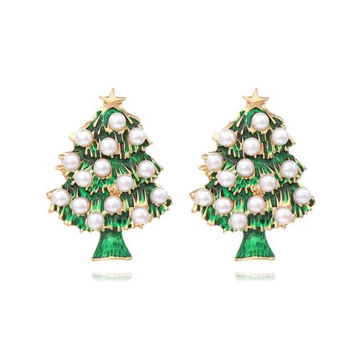 Boucles d'oreilles de Noël, alliage de zinc, avec perle de plastique, arbre de noël, Placage de couleur d'or, bijoux de mode & pour femme & émail, vert Vendu par paire