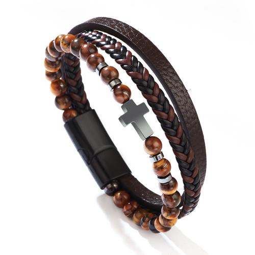 PU Leather Cord Bracelets, with Abrazine Stone & Lava & Tiger Eye & Hematite, Cross, three layers & fashion jewelry  & Unisex 