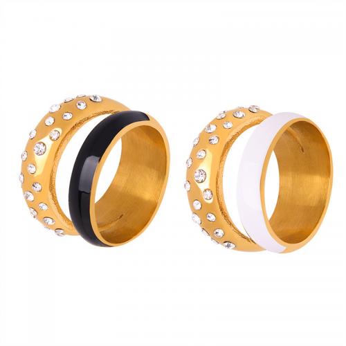Titanium Steel Finger Ring, with Czech Rhinestone, Vacuum Ion Plating & for woman & enamel ring width 22mm 