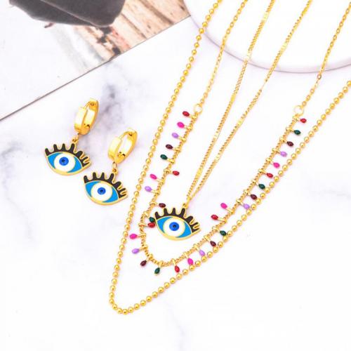 Evil Eye Jewelry Set, Titanium Steel, with 2.36inch extender chain, Vacuum Ion Plating, three layers & for woman & epoxy gel, golden, earring 18mm Approx 14.96 Inch, Approx 17.72 Inch, Approx 20.08 Inch 