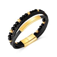 PU Leather Cord Bracelets, with Black Agate & 304 Stainless Steel, Vacuum Ion Plating, vintage & for man cm [