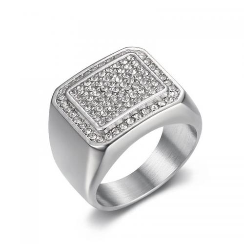 Rhinestone Stainless Steel Finger Ring, 304 Stainless Steel, Square, Vacuum Ion Plating, fashion jewelry & for man & with rhinestone 