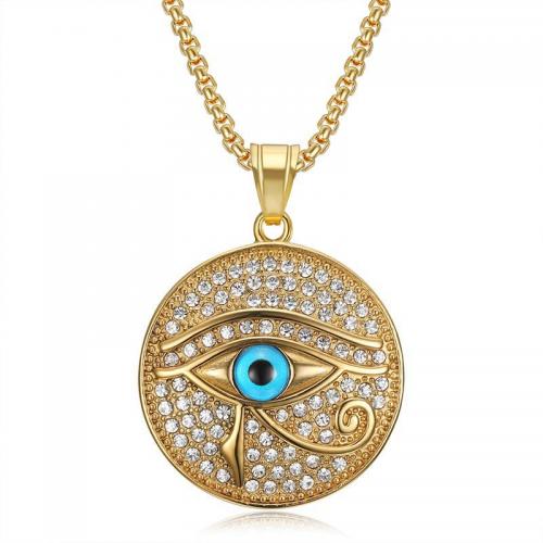Evil Eye Jewelry Necklace, 304 Stainless Steel, Vacuum Ion Plating, fashion jewelry & Unisex & evil eye pattern & with rhinestone, golden 