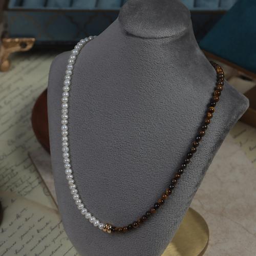 Brass Jewelry Necklace, with Tiger Eye & Freshwater Pearl, with 5cm extender chain, plated, fashion jewelry cm 