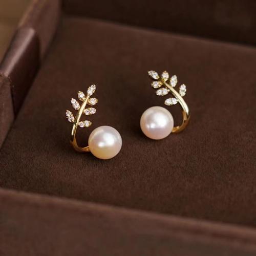 Freshwater Pearl Brass Earring, with Brass, fashion jewelry & for woman & with rhinestone, white, pearl size 7-8mm 