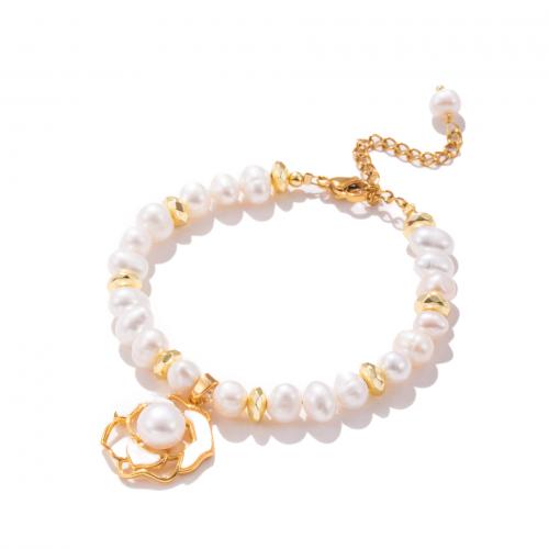 Cultured Freshwater Pearl Brass Bracelet, with Brass, with 5cm extender chain, real gold plated, fashion jewelry & for woman, white cm 
