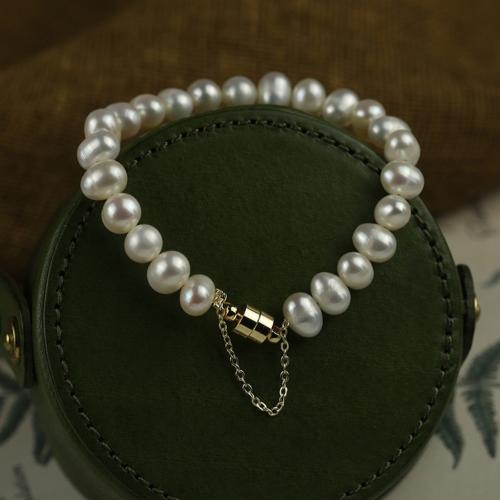 Cultured Freshwater Pearl Brass Bracelet, with Brass, fashion jewelry & for woman, white Approx 18 cm 