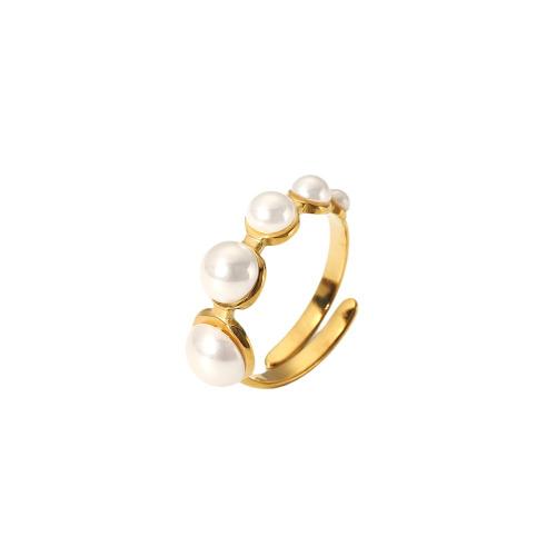 Stainless Steel Finger Ring, 304 Stainless Steel, with Plastic Pearl, Vacuum Ion Plating, fashion jewelry & for woman, golden 