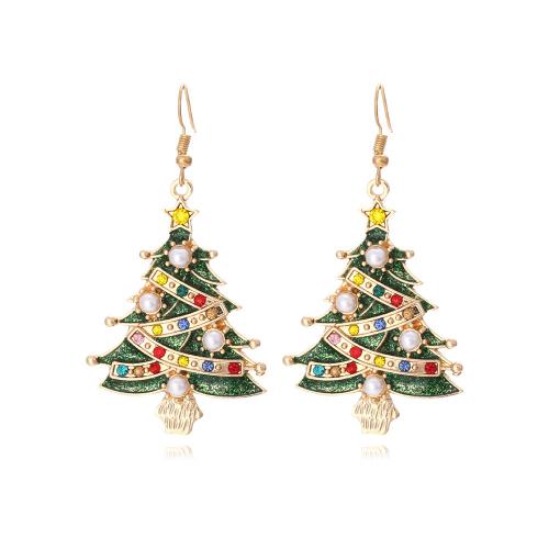 Weihnachten Ohrringe, Zinklegierung, mit Kunststoff Perlen, Weihnachtsbaum, goldfarben plattiert, Modeschmuck & für Frau & Emaille & mit Strass, gemischte Farben, 35x67mm, verkauft von Paar