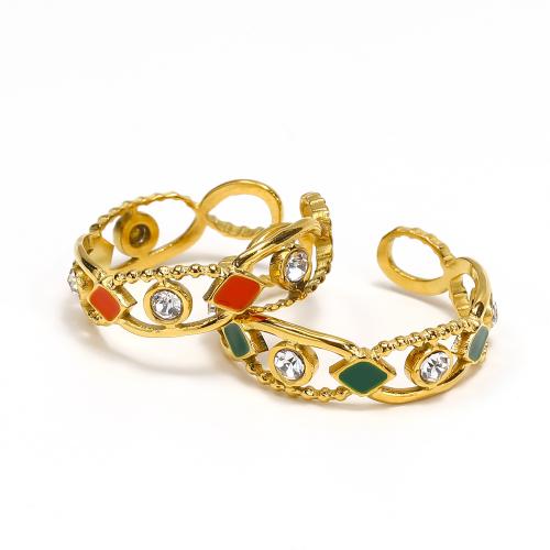 Titanium Steel Finger Ring, for woman & enamel & with rhinestone, golden, ring width 6mm 