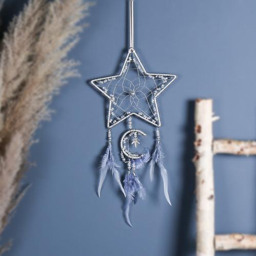 Fashion Dream Catcher, Feather, with Rattan & Nylon & Iron, Moon and Star, handmade, for home and office, mixed colors, 420mm 