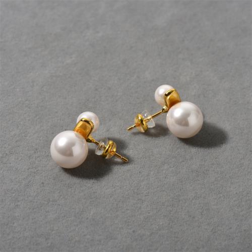 Brass Stud Earring, with Plastic Pearl, plated, fashion jewelry, golden 