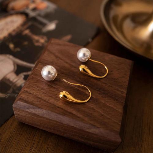 Messing Tropfen Ohrring, mit Kunststoff Perlen, plattiert, Modeschmuck, Goldfarbe, 19.5x9.8mm, verkauft von Paar