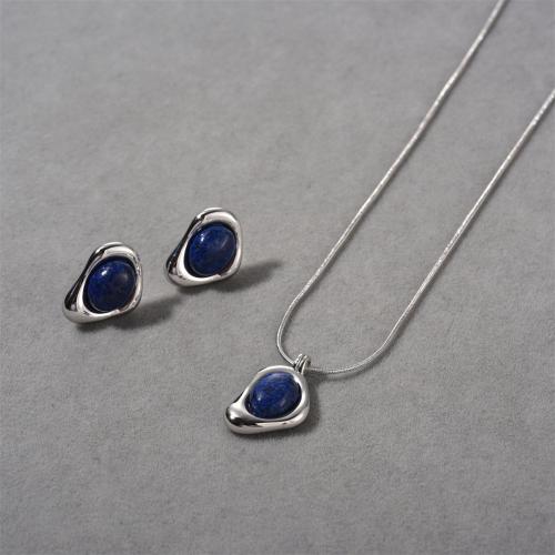 Brass Jewelry Set, with Lapis Lazuli, plated, fashion jewelry silver color 