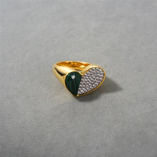 Rhinestone Brass Finger Ring, with Malachite, Heart, plated, fashion jewelry & with rhinestone, golden, US Ring 