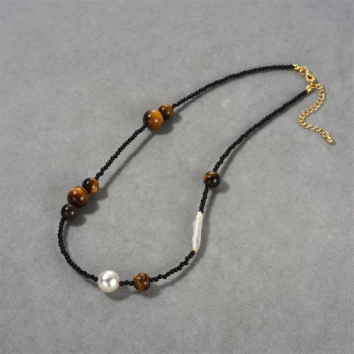 Gemstone Necklaces, Brass, with Glass Beads & Tiger Eye & Plastic Pearl, with 5cm extender chain, plated, fashion jewelry, black cm 