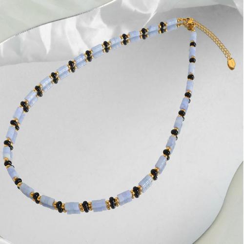 Colliers de pierres précieuses, Acier titane, avec aigue-marine & agate noire, avec 5cm chaînes de rallonge, bijoux de mode & pour femme, bleu Environ 41 cm, Vendu par PC