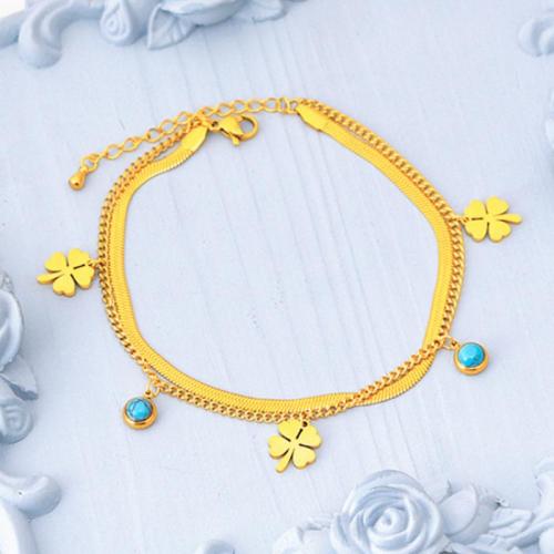 Fashion Jewelry Anklet, Titanium Steel, with turquoise & Plastic Pearl, Double Layer & for woman, gold 